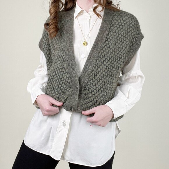 Vintage Wool Honeycomb Knit Oversized Slouchy Fit Sweater Vest Cardigan Handmade - Picture 4 of 6